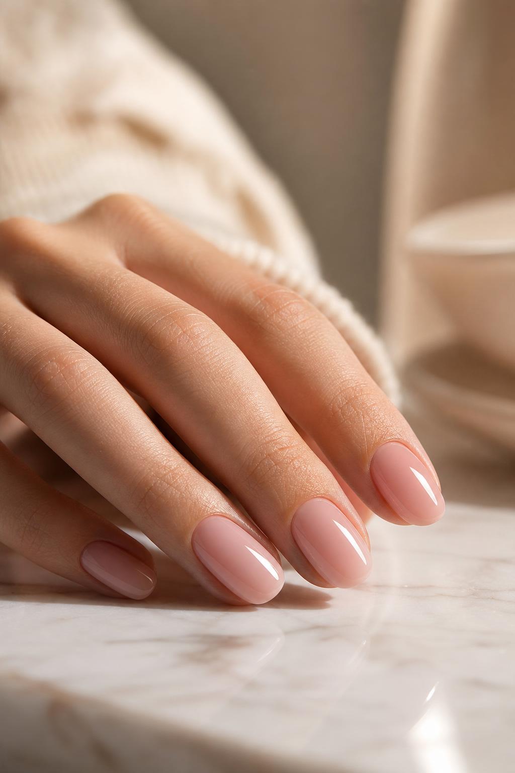 Soft pink BIAB manicure in warm natural light